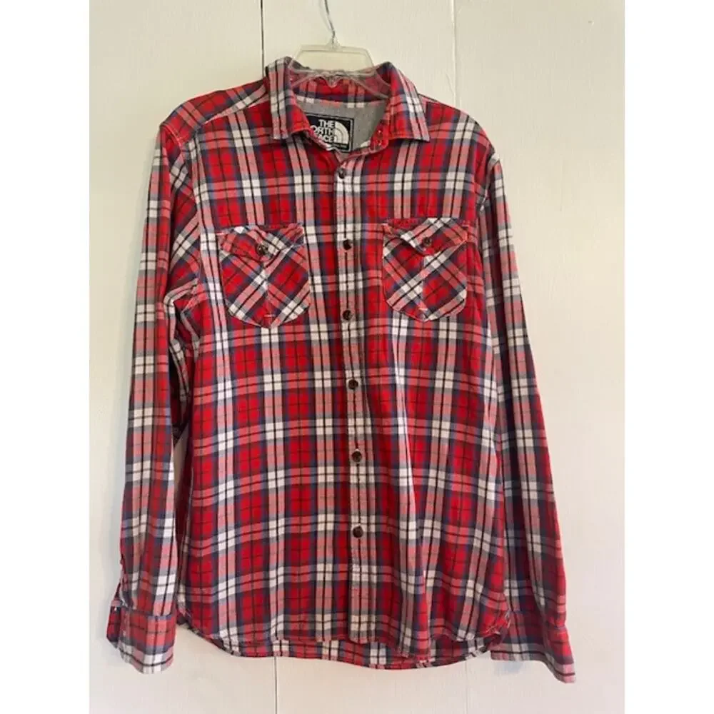 The North Face Men's Size Medium Heavy‎ Cotton Plaid Button-Up Shirt Red & Blue